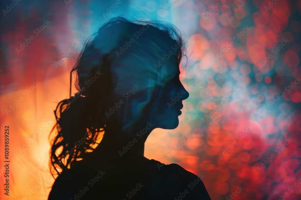 Leinwandbilder person stands in front of colorful digital screen creating a vibrant contrast with their silhouette 