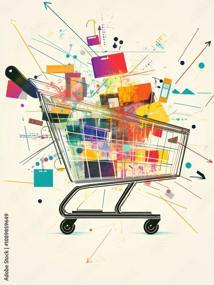 Fototapete creative representation of a shopping cart overflowing with colorful geometric shapes and flowing li