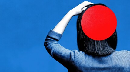Female with red circle on head against blue background - conceptual art design