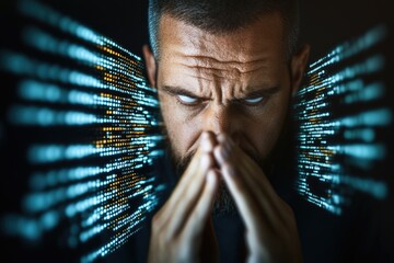 Intense focused caucasian male analyzing digital data with futuristic effects
