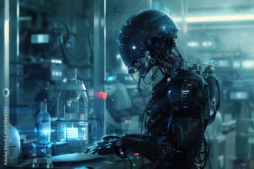 Poster robotic figure interacting with advanced technology in a futuristic laboratory environment