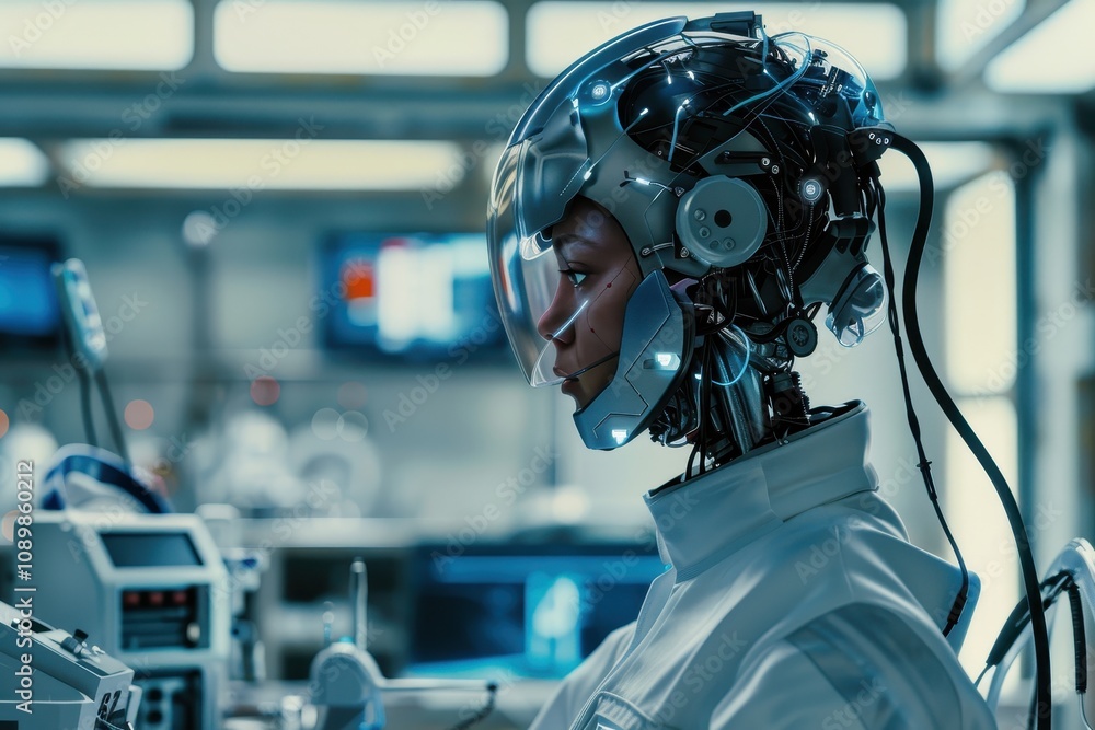Poster Robotic figure interacting with advanced technology in a futuristic laboratory environment