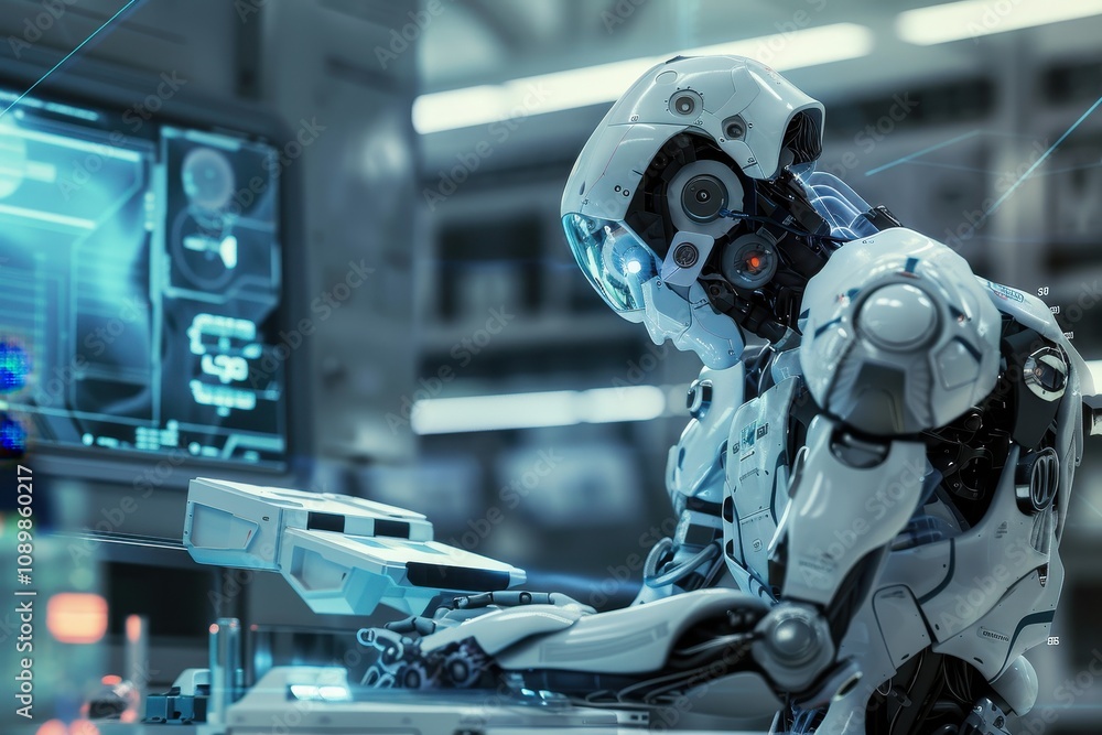 Aufkleber robotic figure interacting with advanced technology in a futuristic laboratory environment