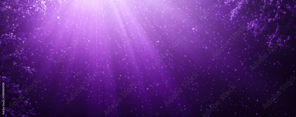 Poster purple background with light rays and sparkling particles.