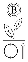 Fototapeta premium Bitcoin symbol as a blooming flower, two leaves on stem, target circle, upward arrow. Ideal for cryptocurrency growth, investment strategy, digital assets, market potential, financial success