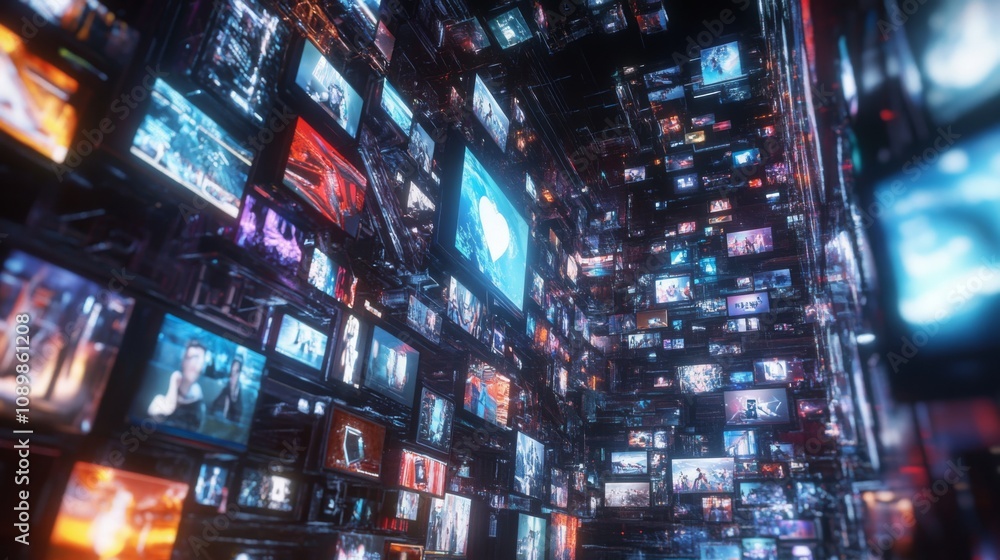 Poster A futuristic, abstract image of a towering wall of screens displaying different types of digital content. The screens are all lit up, creating a colorful and vibrant display of images and text.
