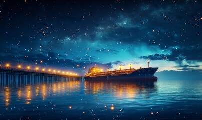 Obraz premium Illuminated oil tanker ship docked at a pier during night, with reflections in calm ocean water and a starry sky in the background