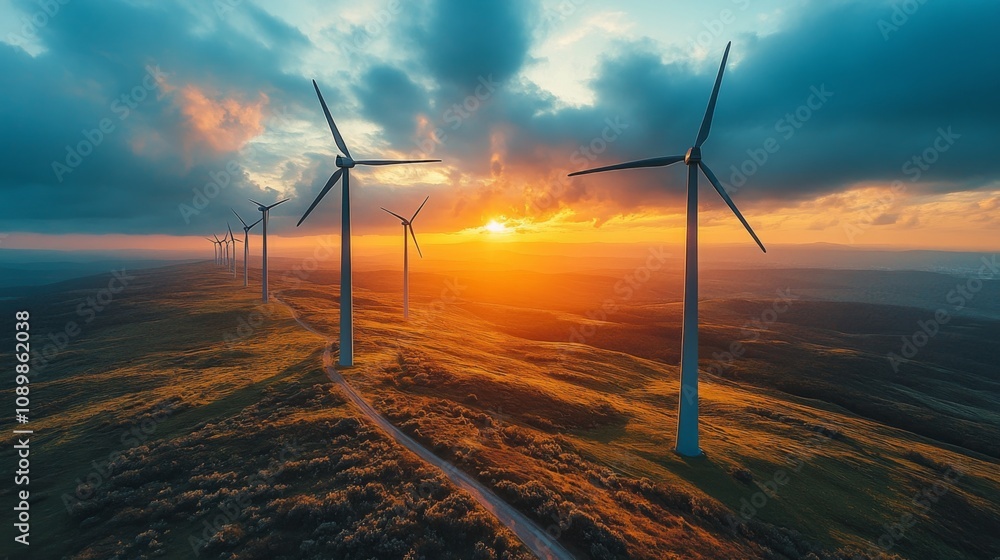 Poster golden sunlight bathes a row of wind turbines on rolling hills. the vibrant sunset sky is filled wit