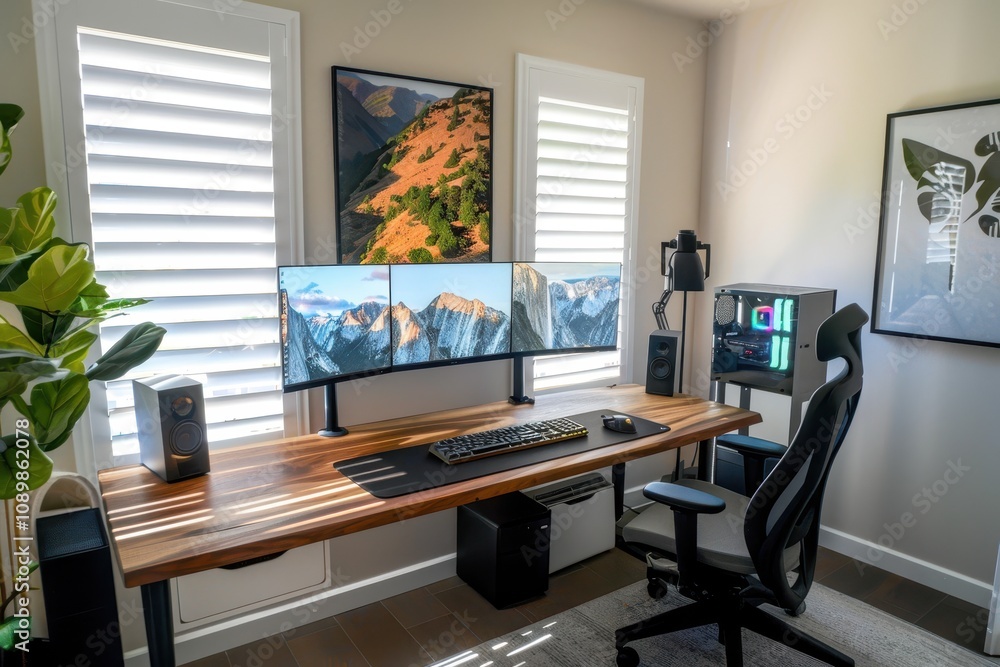 Poster Home office setup features dual monitors on a wooden desk with a gaming chair and a sleek computer tower in a bright modern room