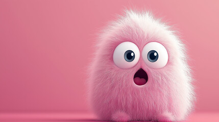Obraz premium Fluffy pink character showing surprise on pink background