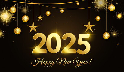 Happy New Year 2025 Text Holiday Graphic with Golden stars and lights. Happy holiday season. Happy new year,  blank canvas for festive inscriptions and designs,