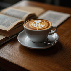 Cup of latte coffee and book on wooden table.