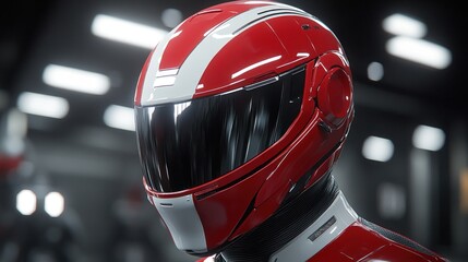 Fototapeta premium Red futuristic helmet with visor, close-up.