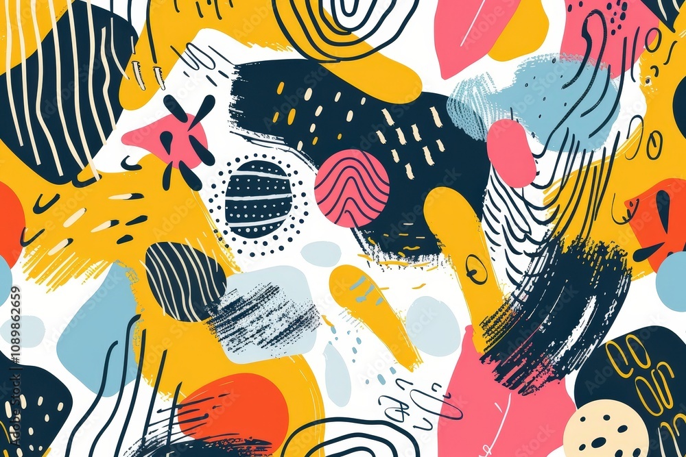 Poster Colorful abstract design featuring various shapes and patterns with bold colors and intricate lines expressing creativity and modern art