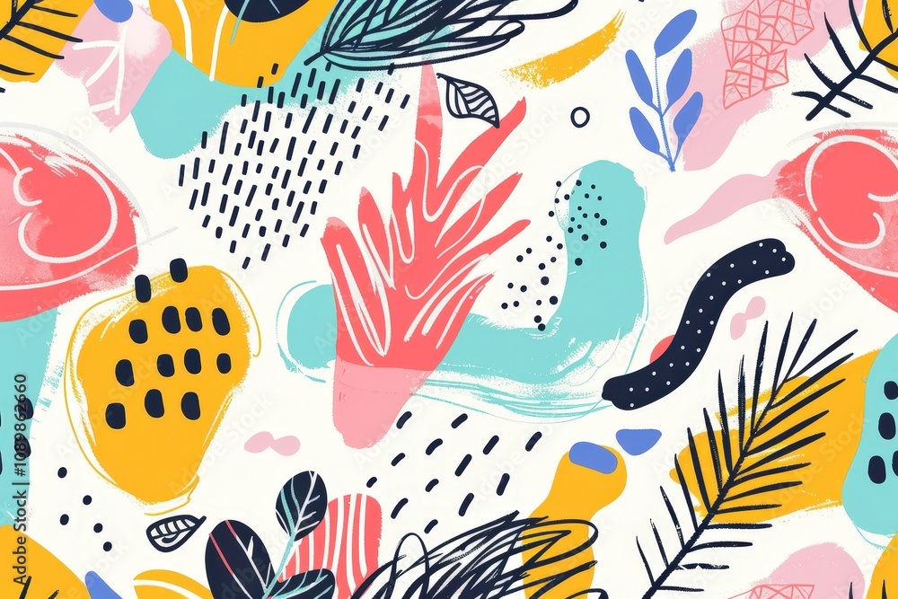 Poster Colorful abstract design featuring various shapes and patterns with bold colors and intricate lines expressing creativity and modern art