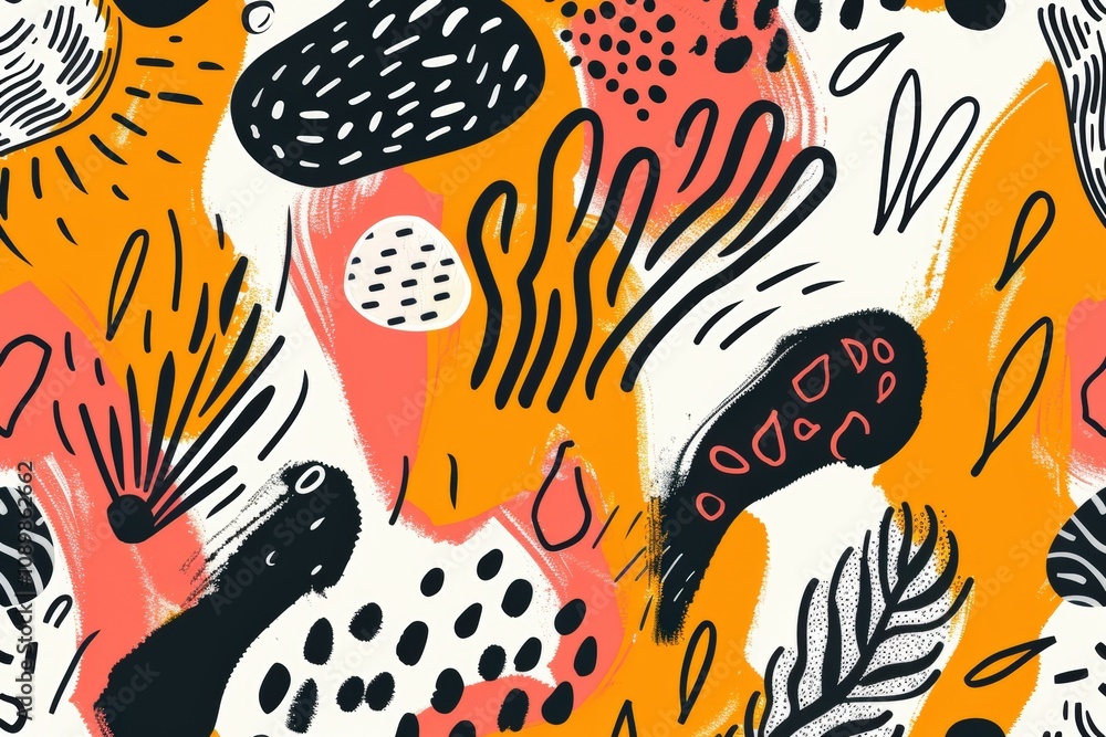 Poster Colorful abstract design featuring various shapes and patterns with bold colors and intricate lines expressing creativity and modern art