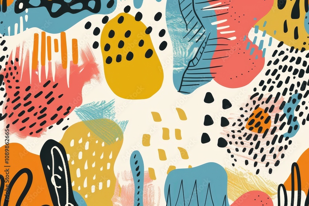 Poster Colorful abstract design featuring various shapes and patterns with bold colors and intricate lines expressing creativity and modern art