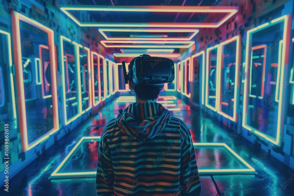 Poster user experiences virtual reality immersion in a neon-lit digital environment while engaging with int