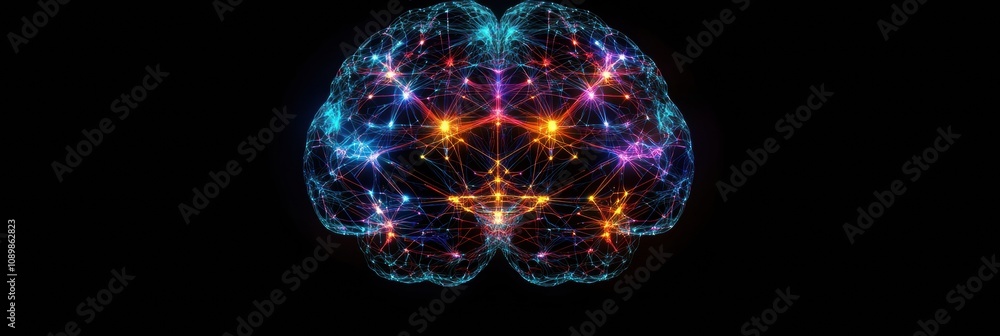 Poster complex network of vibrant colors represents a digital brain, symbolizing the intricacies of neural 