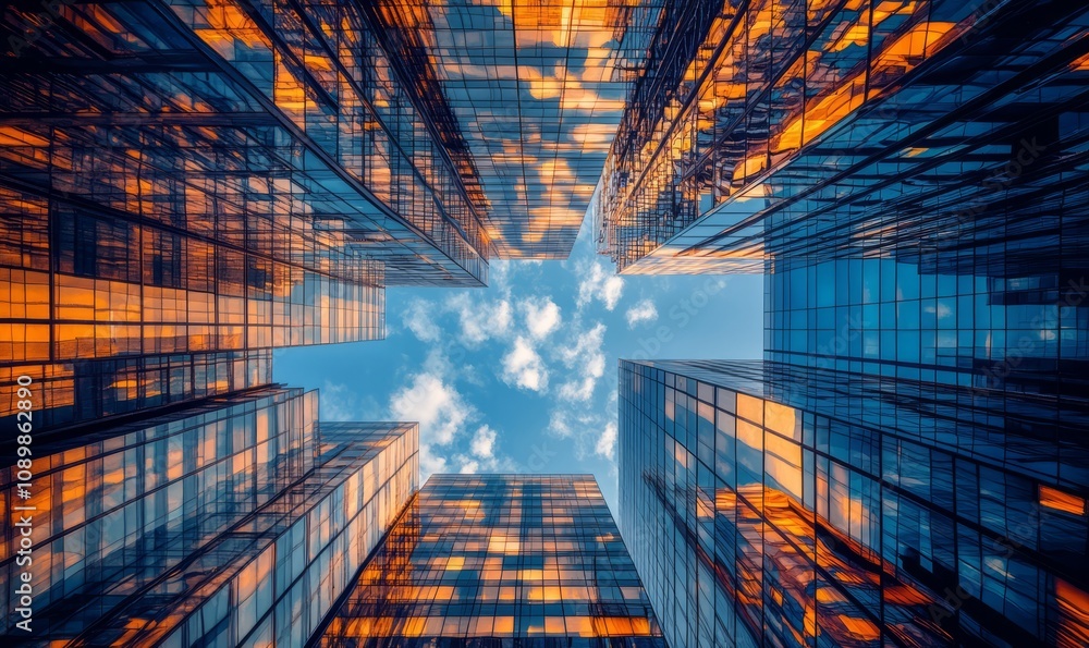 Poster low-angle view of tall glass skyscrapers reflecting the sky and each other, with some buildings illu