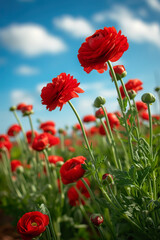 Obraz premium Vibrant ranunculus flowers bloom under the clear blue sky at Carlsbad Ranch in California
