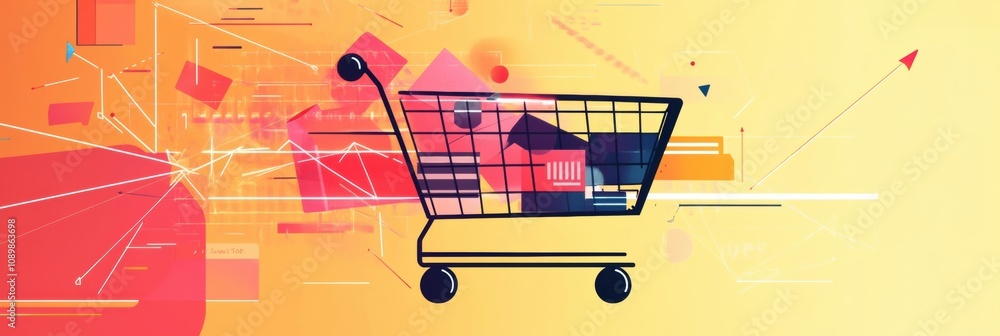 Poster Dynamic shopping cart design consists of geometric shapes and flowing lines against a colorful background, symbolizing modern retail trends. Generative AI
