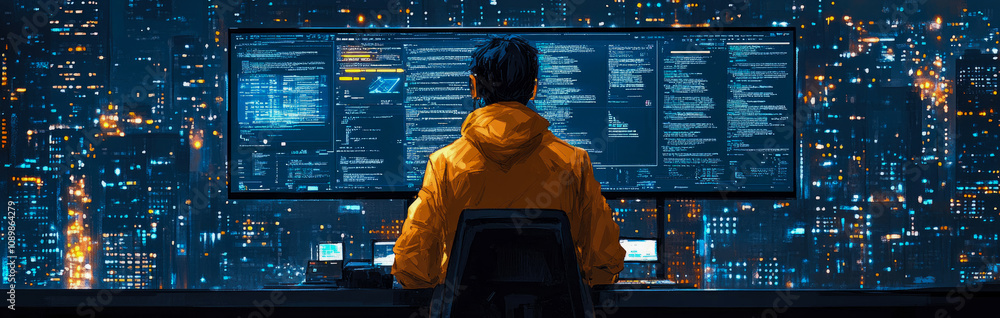 Poster a cybersecurity expert in a bright yellow jacket works intently at a large desk with multiple screen