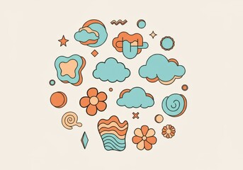 Fototapeta premium Colorful abstract shapes with clouds, flowers, and geometric patterns