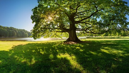 Fototapeta premium 楠の木が豊かな緑の葉で覆い、木漏れ日が地面を照らす。周囲には鮮やかな草が生い茂り、湖が遠くで輝きます。