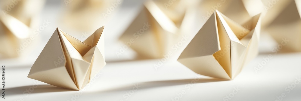 Poster Miniature paper boats crafted from cream-colored paper are displayed on a table, showcasing intricate folding techniques under soft lighting. Generative AI