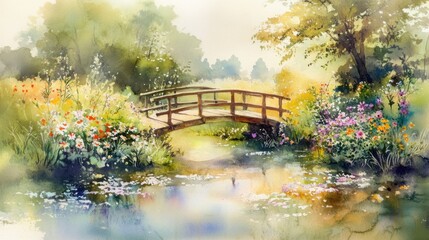Fototapeta premium Colorful watercolor landscape featuring a bridge over a calm pond