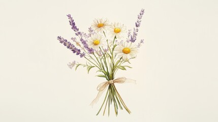 Fototapeta premium Delicate bouquet of lavender and daisies tied with ribbon