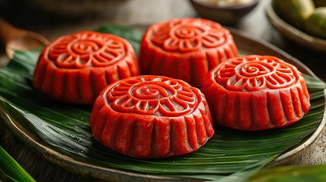 traditional singapore ang ku kueh sweets with turtle shell pattern