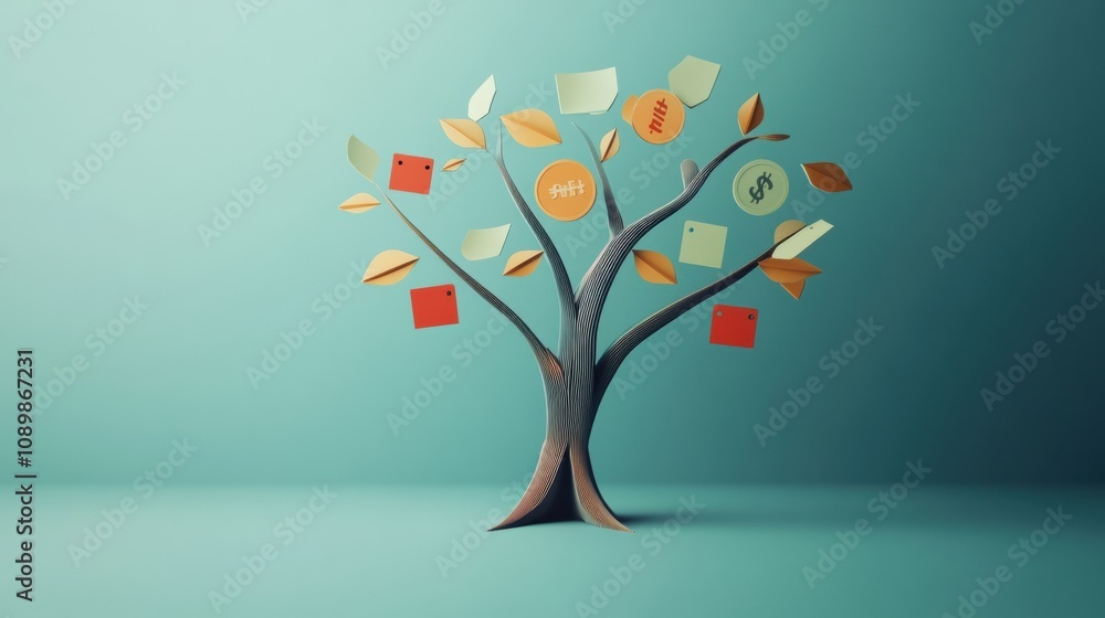 Aufkleber a tree with abstract branches features discount symbols and price tags instead of leaves, representi