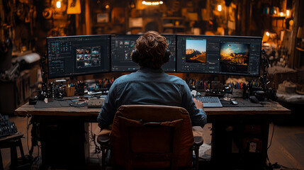 Fototapeta premium A skilled artist focuses on digital editing across several monitors in a cozy, dimly lit studio filled with tools and supplies
