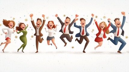 Joyful celebration of success office environment graphic illustration animated style group perspective team spirit concept