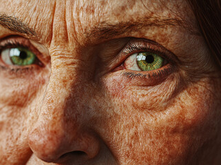 Close-up reveals a weathered face with deep wrinkles and vibrant green eyes, showcasing the passage of time