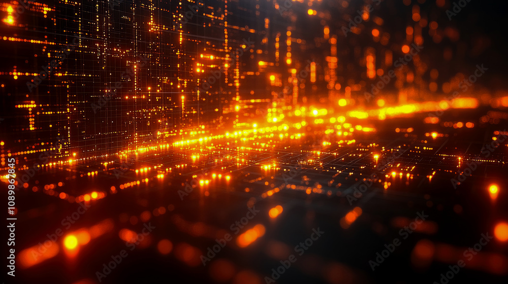 Poster vibrant orange lights form complex patterns against a dark backdrop, creating a captivating digital 