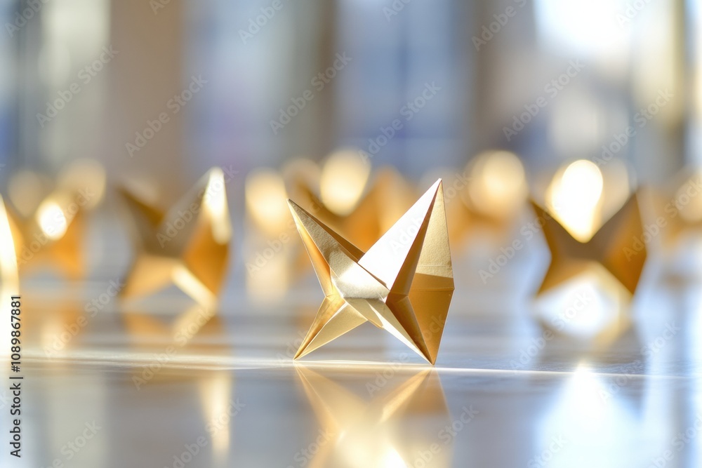 Aufkleber shiny golden origami stars arranged neatly on a reflective surface illuminate the space with eleganc