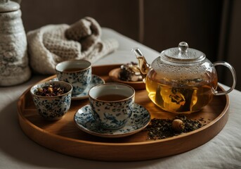 Fototapeta premium Elegant tea set with herbal infusions displayed on wooden tray
