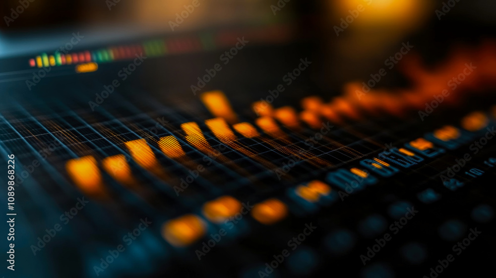 Poster financial data is analyzed through a vibrant chart displaying stock market trends, using advanced te