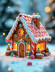 3d gingerbread house with intricate icing patterns and colorful candy decorations