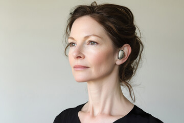 Fototapeta premium A deaf woman confidently showcasing her hearing aids in studio, plain background