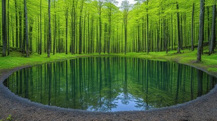Obraz premium Serene forest pond reflecting trees.