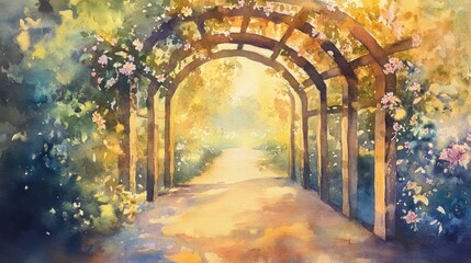 Obraz premium Arched pathway adorned with colorful flowers and sunlight streaming