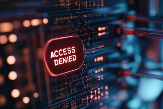 Close-up of a digital display with 'Access Denied' illuminated in red, emphasizing a theme of security and restricted access in a tech environment. - Powered by Adobe