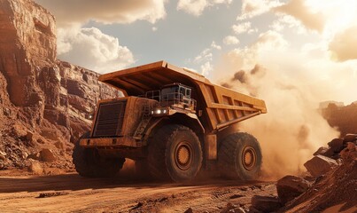 Obraz premium Large industrial dump truck in a mining site, surrounded by dirt and rock, with dust clouds trailing behind, set against a bright sky with some clouds