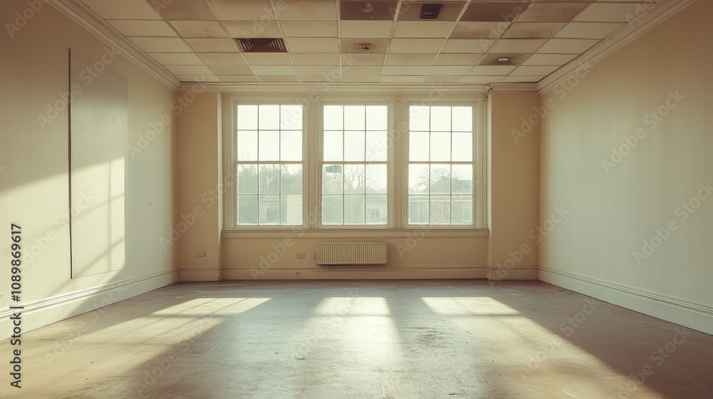 Poster sunlit empty room with large window and damaged ceiling