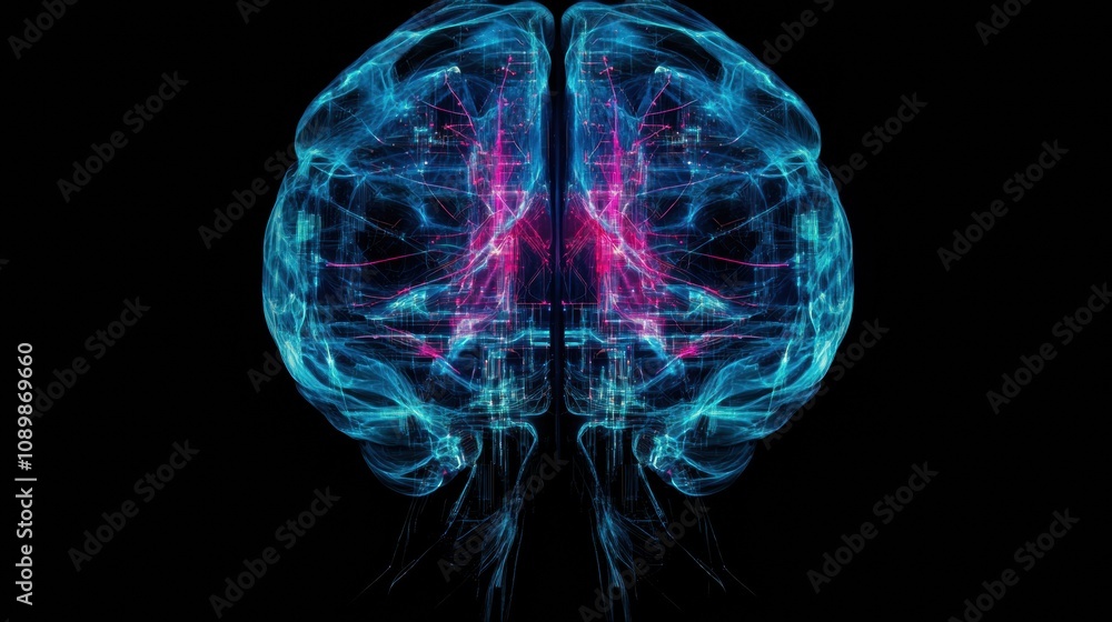 Poster Colorful digital brain visualization illustrates complex neural networks and connections in a modern, abstract style on a black backdrop. Generative AI