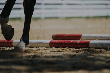 A horse dynamically clears a red and white barrier, capturing the thrill and precision of...